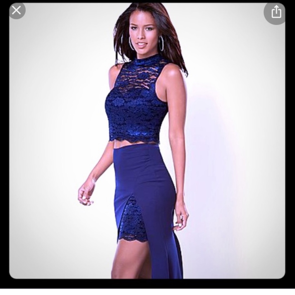Venus blue lace crop top two piece dress